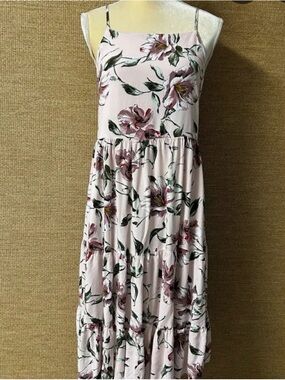 Pink Floral ~ Mid Length Dress ~ Adjustable Lace-up Back & Straps ~ Sz Large